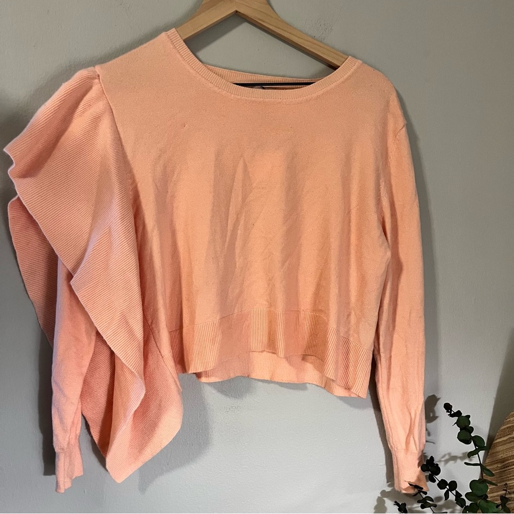 Zara Knit Pink Crop Knit Sweater Side Ruffled Detail